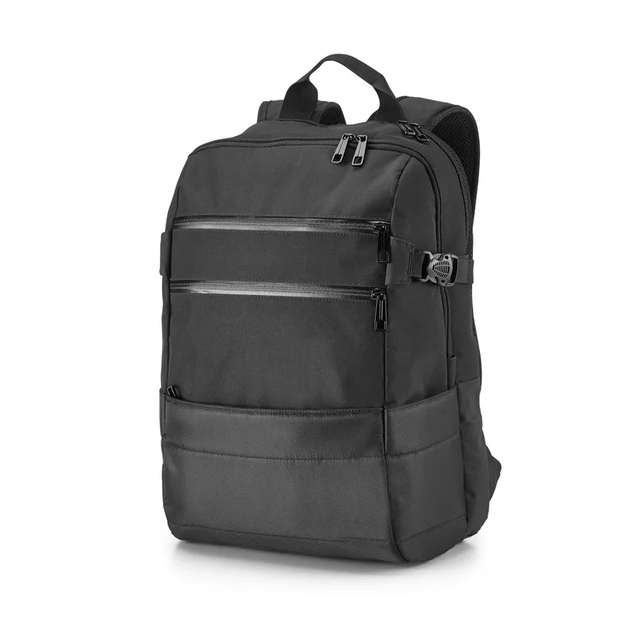 Musta ZIPPERS BPACK -tietokonereppu, jossa vetoketjulliset etutaskut ja sivujen puristushihnat.