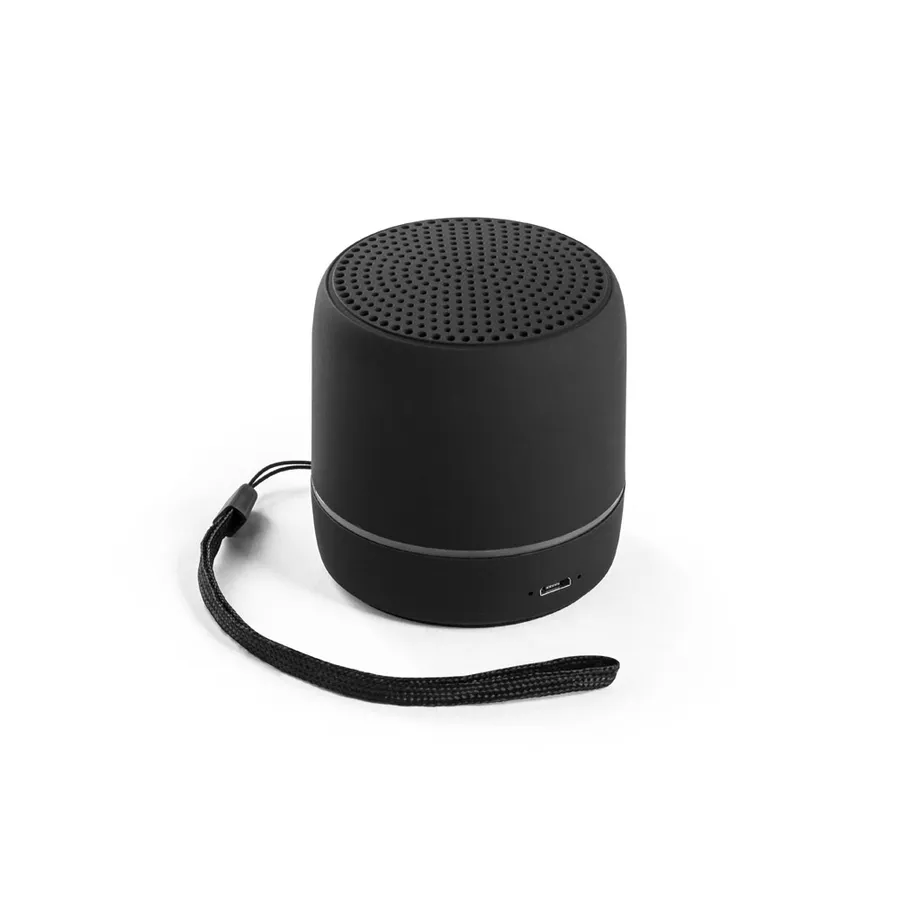Musta pyöreä TURING-Bluetooth-kaiutin kantohihnalla ja USB-C-liitännällä.