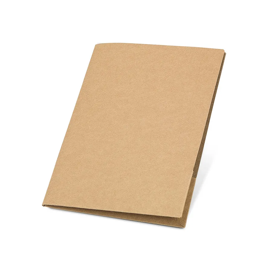Luonnonvärinen A4-kokoinen asiakirjakansio, jossa on pehmeä kansi ja taitettu etulehti.