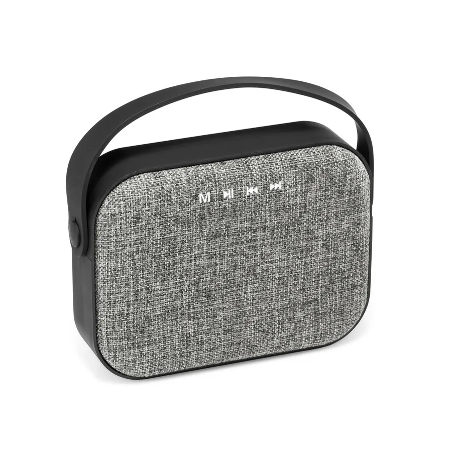 Harmaa kangaspintainen Bluetooth-kaiutin, jossa musta kantokahva ja kosketuspainikkeet.