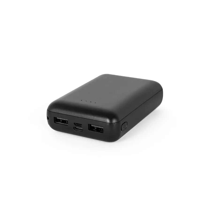 Musta varavirtalähde, jonka päädyssä kaksi USB-A-porttia ja USB-C-portti.