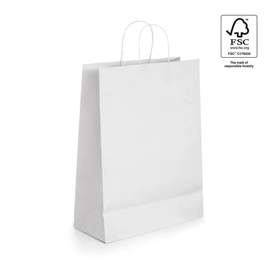 Valkoinen kraft-paperikassi kierretyillä paperikahvoilla, ilman painatusta.