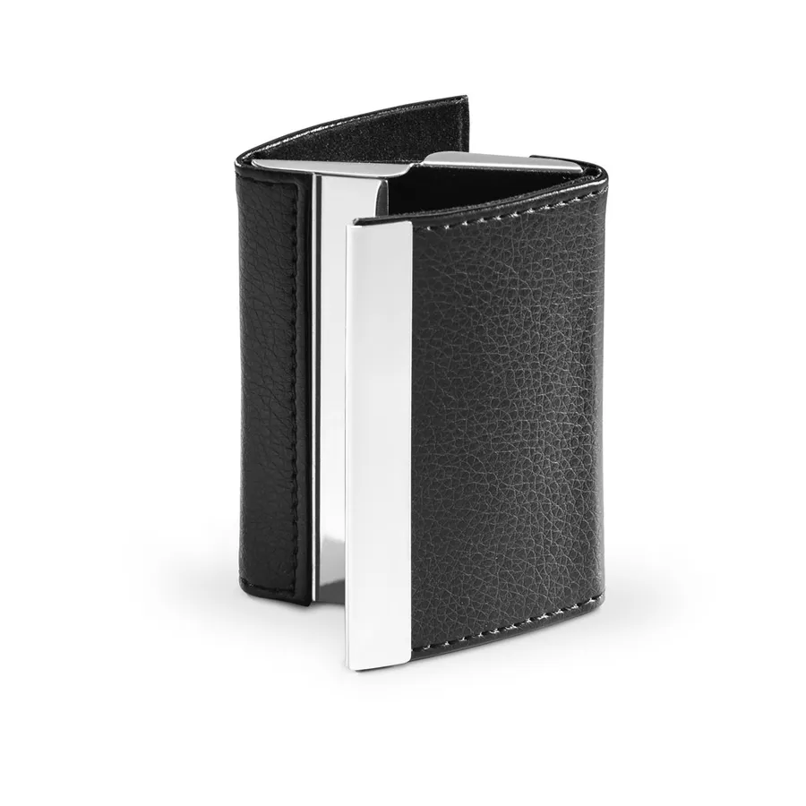 Musta kaksinkertainen korttikotelo PU-materiaalista ja metallista, avattuna.