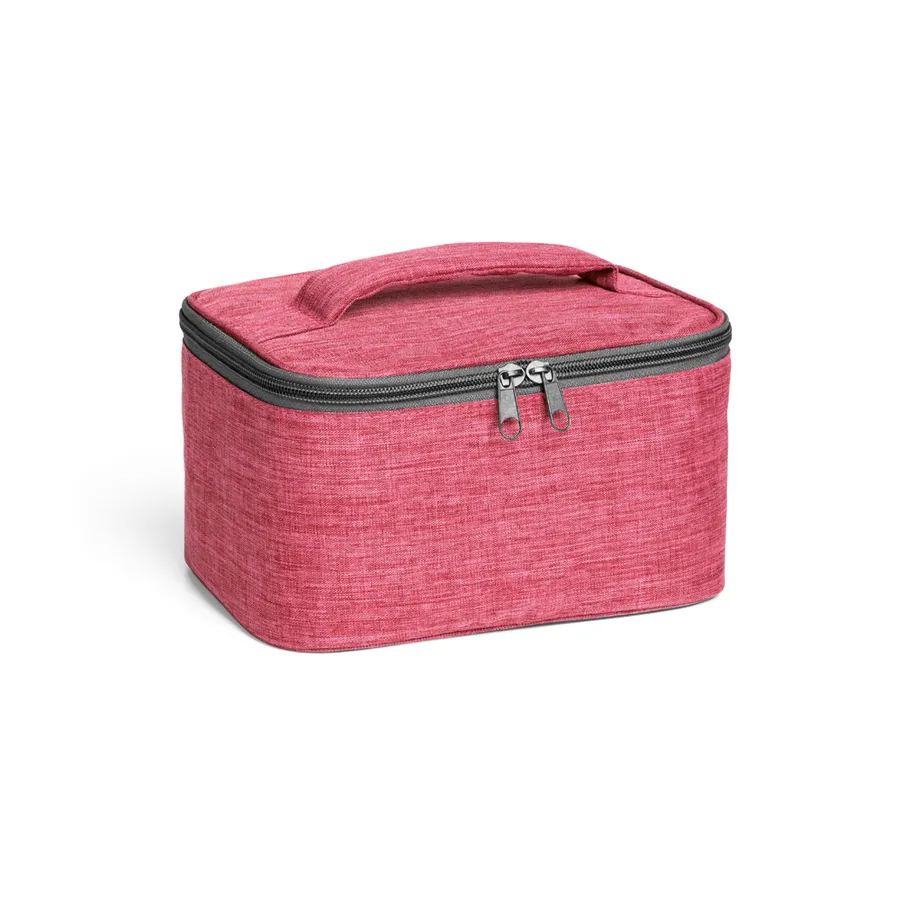 Pinkki ELIZA-kosmetiikkalaukku, jossa pehmustettu kantokahva ja kaksinkertainen vetoketju.