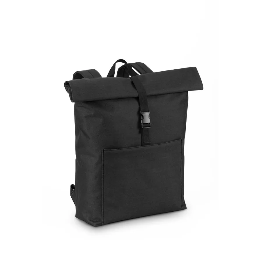 Musta rullattavalla sululla varustettu läppärireppu, jossa vetoketjullinen etutasku ja solki.