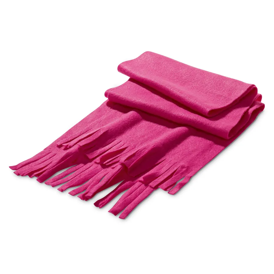 Pinkki polarfleece-huivi, jonka päissä on hapsut.