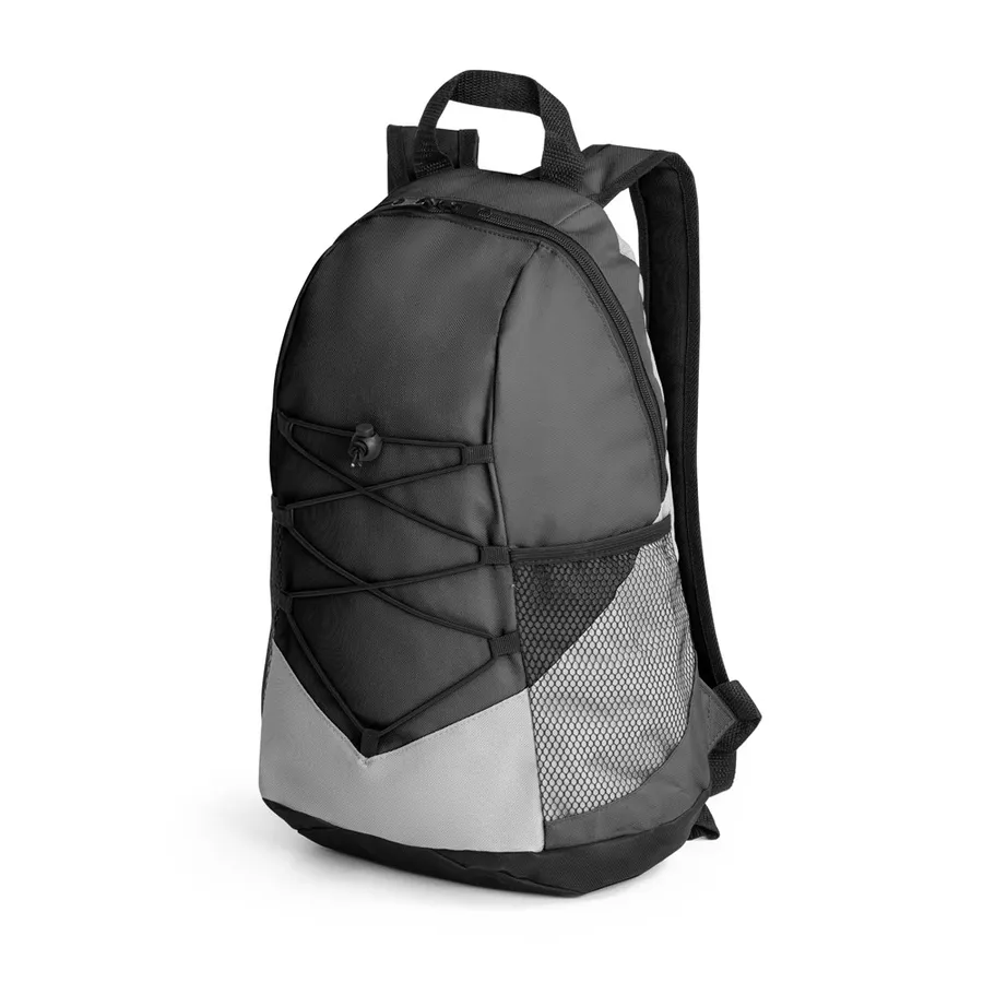 Black and grey TURIM II backpack with mesh pocket and bungee cord straps, side view.
