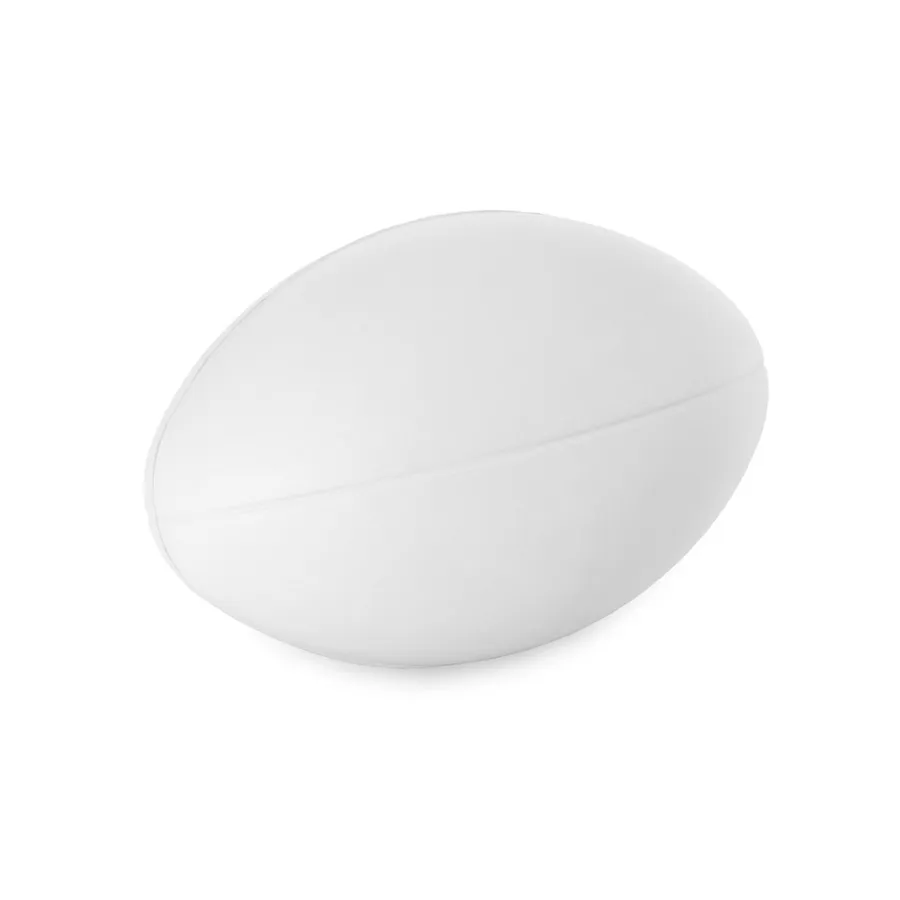 Valkoinen rugbypallon muotoinen stressinlievitin PU-vaahtomuovista.