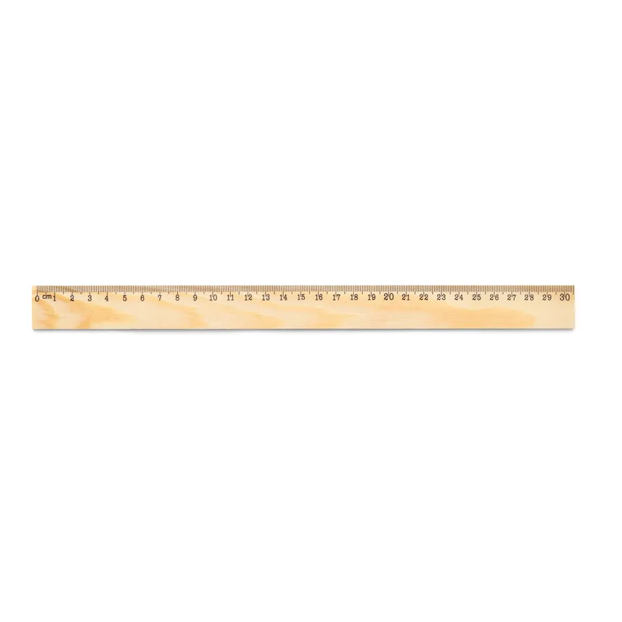 Vaalea mäntypuinen viivain, jossa 30 cm asteikko.