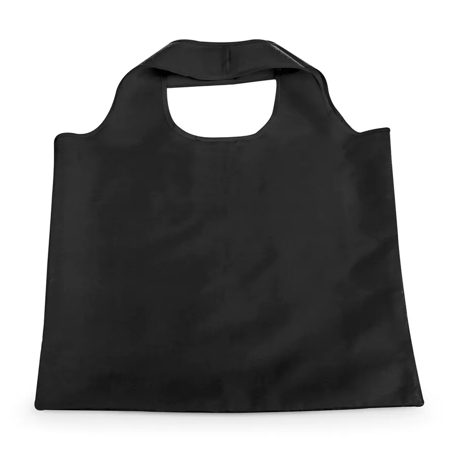 Musta kokoontaitettava ostoskassi, jossa leveät kantokahvat.