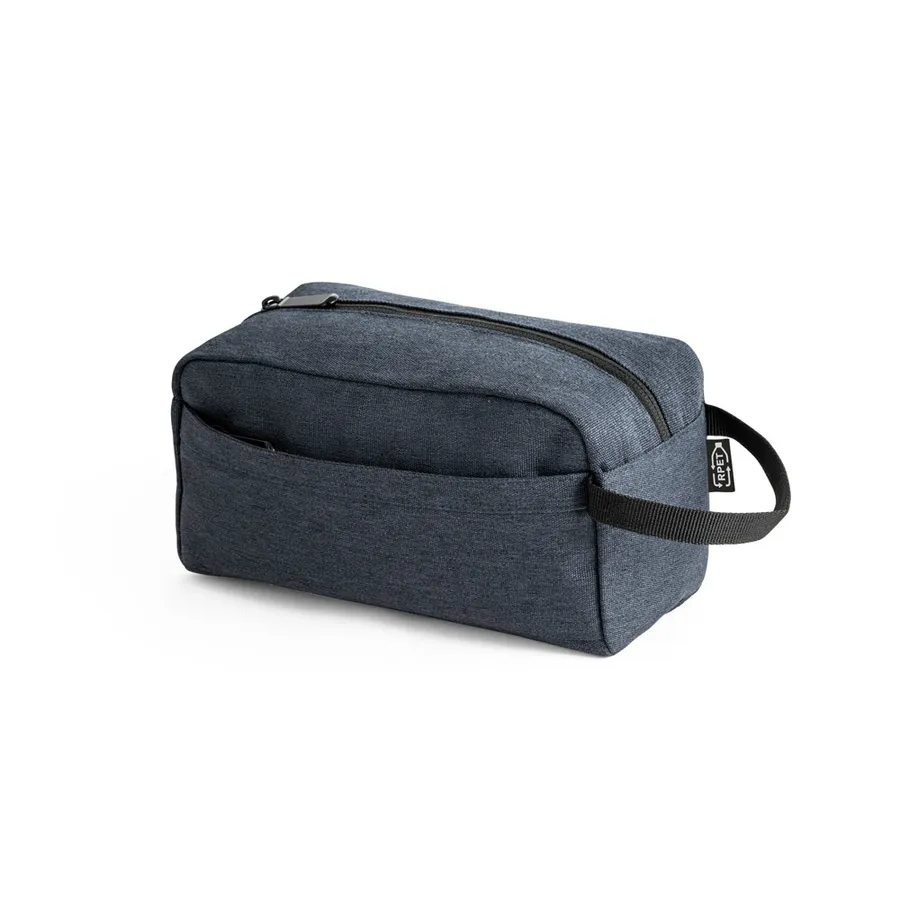 Sininen REPURPOSE BAG -toilettilaukku, jossa vetoketjullinen etutasku ja musta sivukahva.