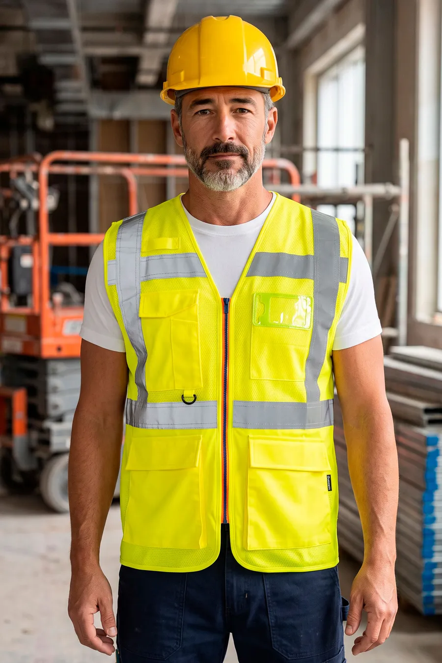 Keltainen Payper Extra Mesh huomioliivi, jossa harmaat heijastinnauhat, vetoketju ja etutaskut.