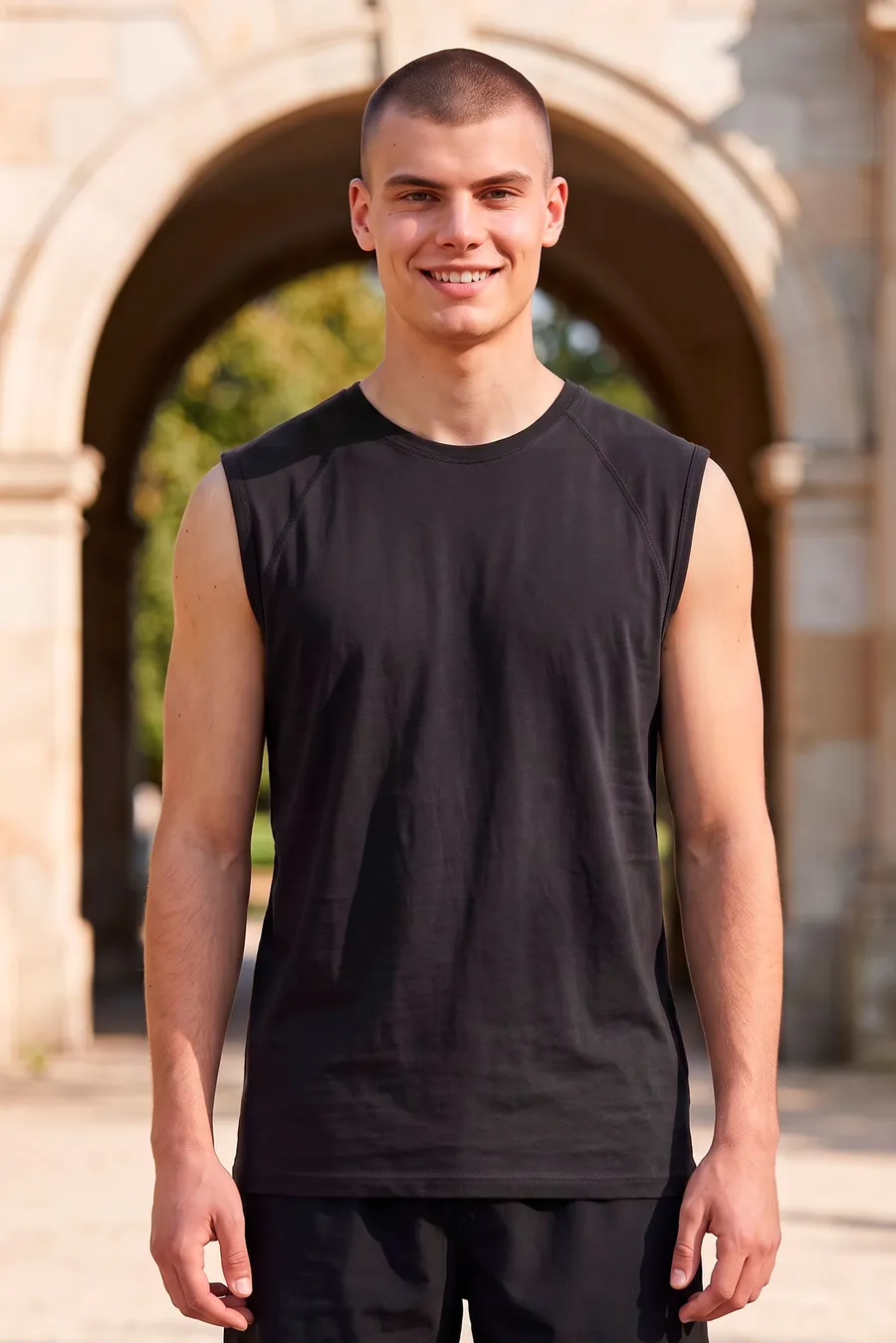 Musta hihaton Shore Tank Top -t-paita miehen päällä, ribbikaulus ja raglan-olkaukset.