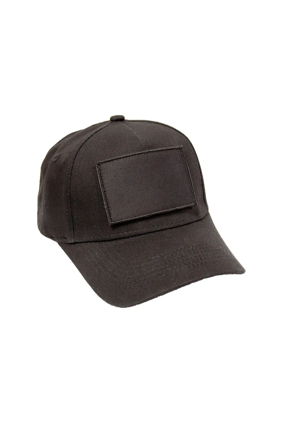 Musta 5-paneelinen Patch Baseball -lippalakki, jonka etuosassa on irrotettava kangasmerkkausalue.