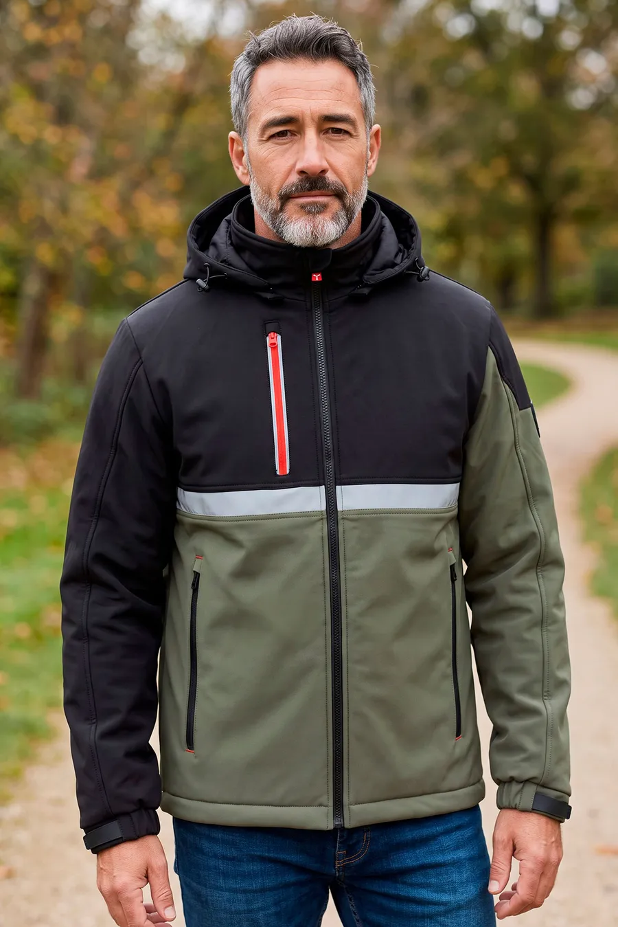 Musta-oliivinvihreä Wise Softshell -takki, jossa huppu, heijastinnauha rinnassa ja punainen rintataskun vetoketju.