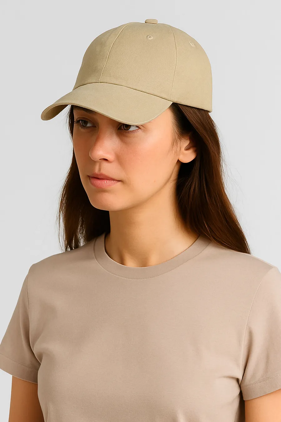 Beige 6-paneelinen Element-lippalakki päässä, kaareva lippa ja sileä puuvillapinta.