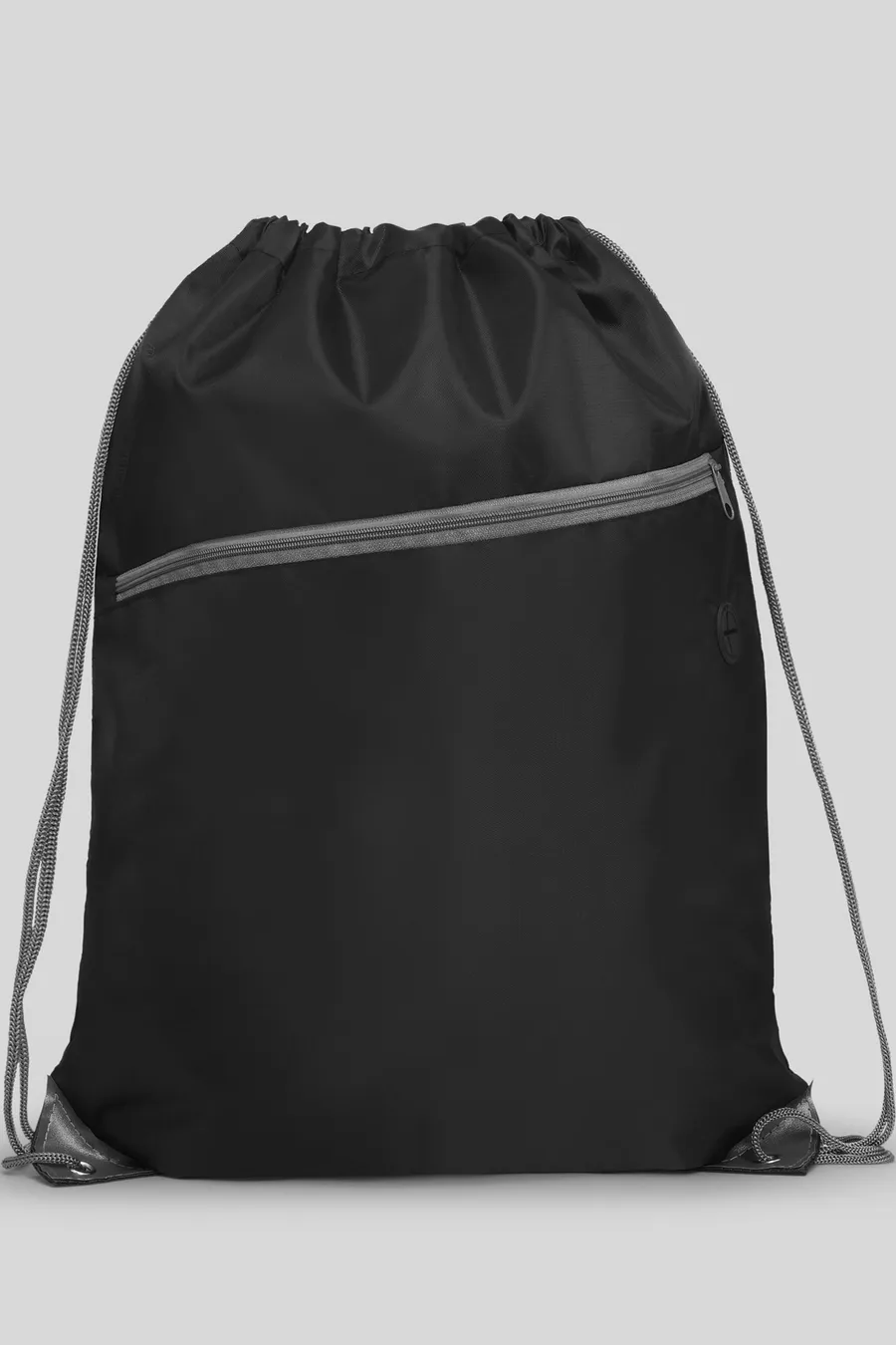 Musta Ninfa-jumppapussi, jossa on harmaa vetoketjullinen etutasku ja harmaat nyörit.