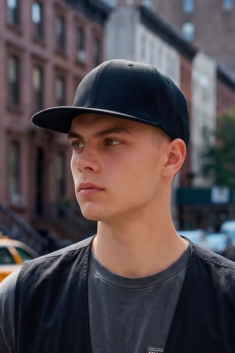 Musta Boston Snapback -lippalakki suoralla lipalla miehen päässä.