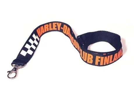 Black lanyard with "Harley-Davidson Club Finland" print in orange and white, hook clip.