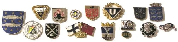 Various enamel pins in different colours and designs, including crests, flags and emblems.