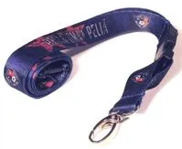 Navy blue lanyard with sublimation print and a lobster clasp.
