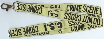 Yellow woven lanyard with black text print and a metal hook clasp.