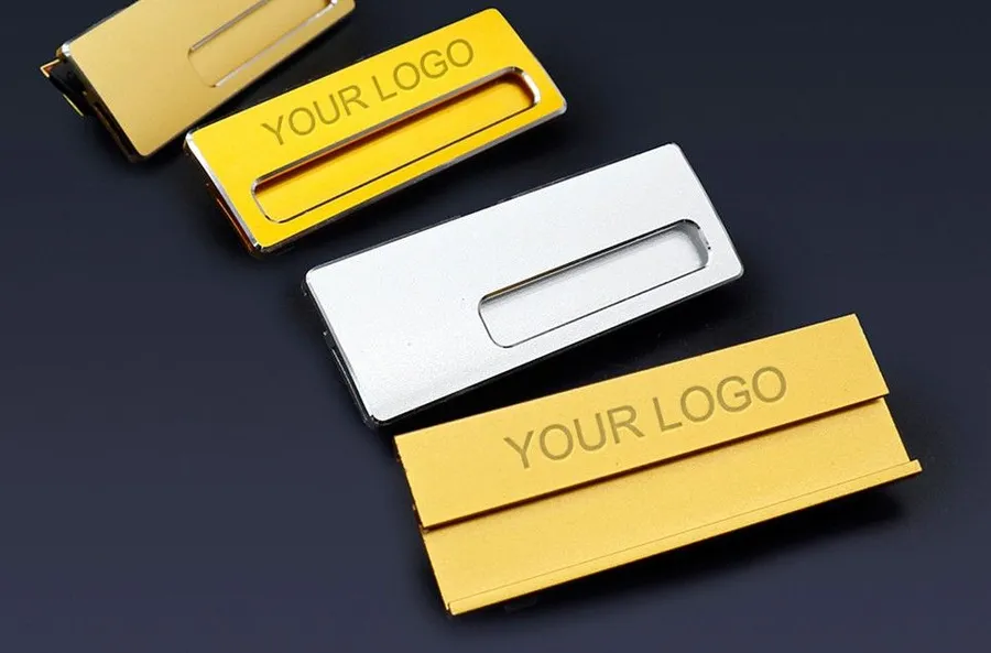 Metal name badge with logo