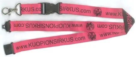 Pink woven lanyard with black print and a plastic buckle.